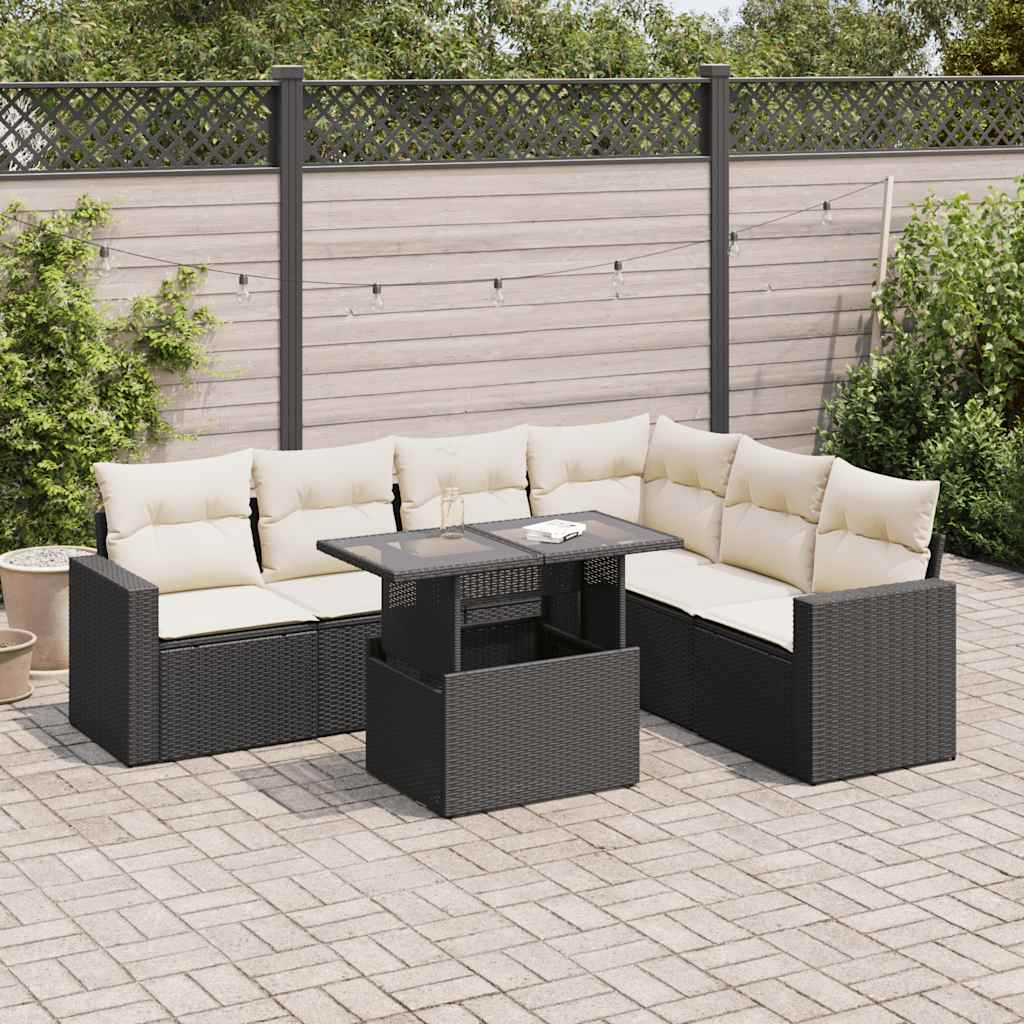 7 Piece Garden Sofa Set with Cushions Black Poly Rattan