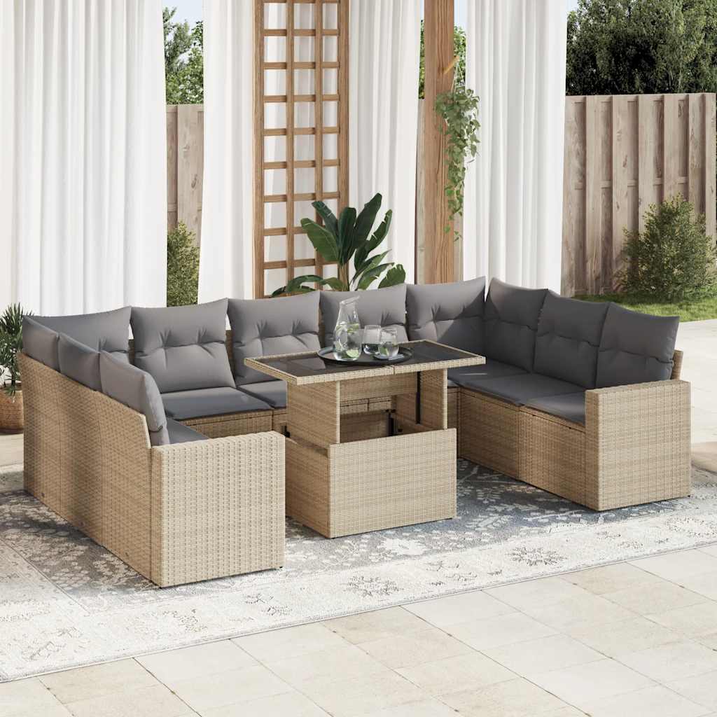 10 Piece Garden Sofa Set with Cushions Beige Poly Rattan