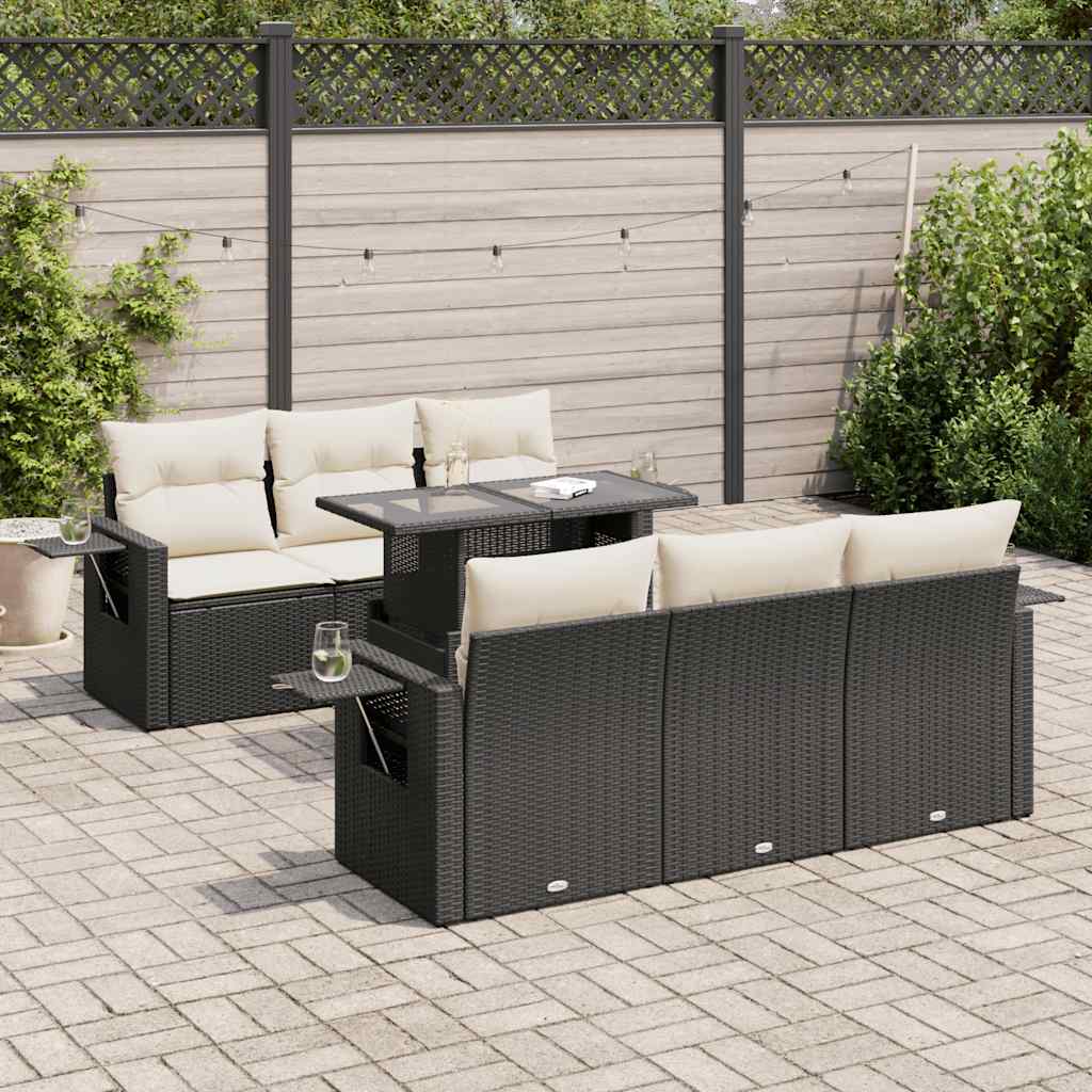 7 Piece Garden Sofa Set with Cushions Black Poly Rattan