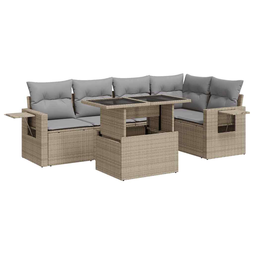 6 Piece Garden Sofa Set with Cushions Beige Poly Rattan