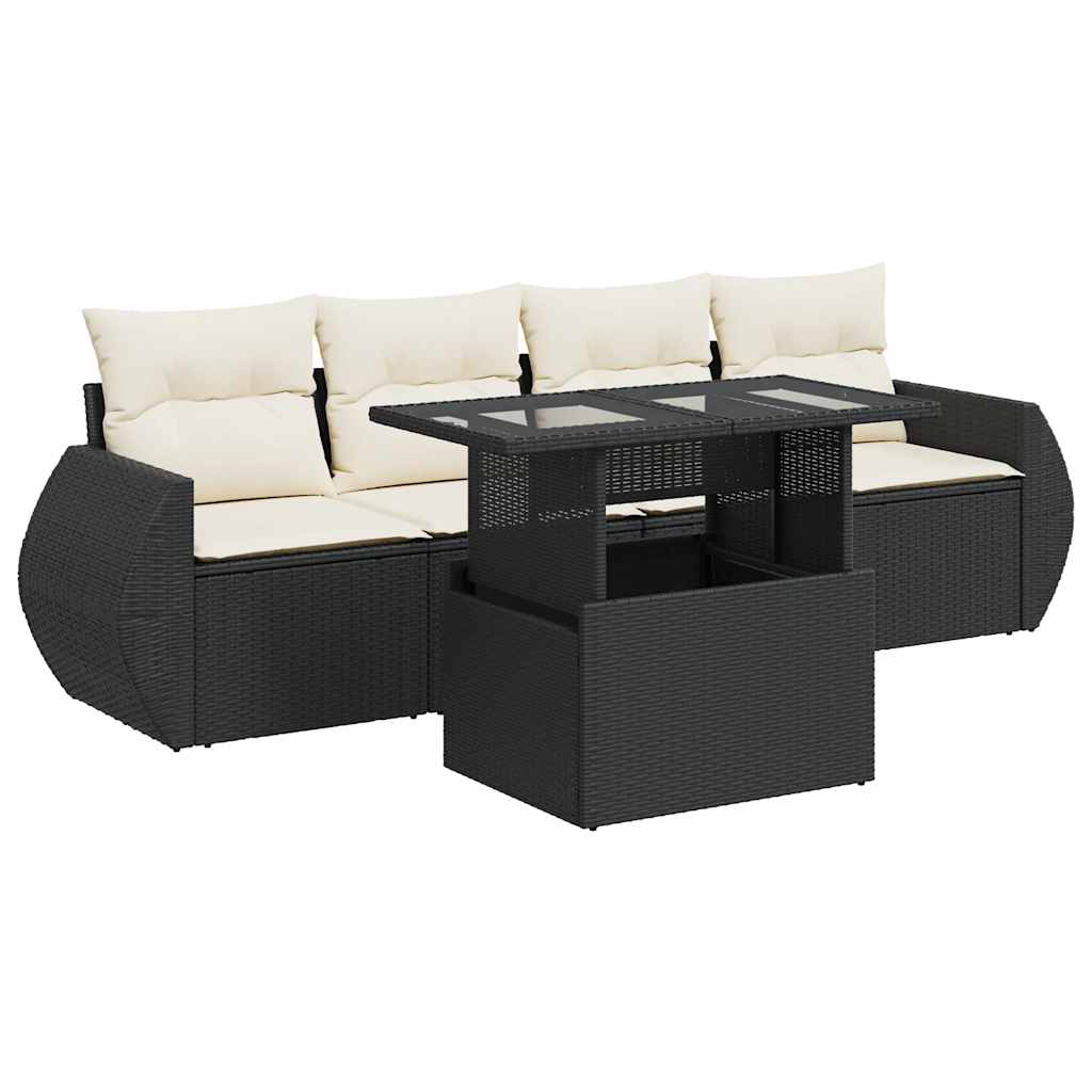 5 Piece Garden Sofa Set with Cushions Black Poly Rattan