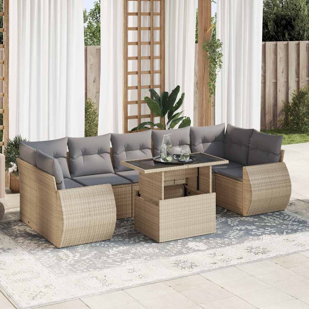 8 Piece Garden Sofa Set with Cushions Beige Poly Rattan