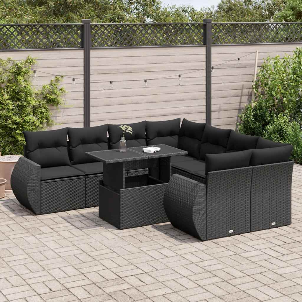 9 Piece Garden Sofa Set with Cushions Black Poly Rattan