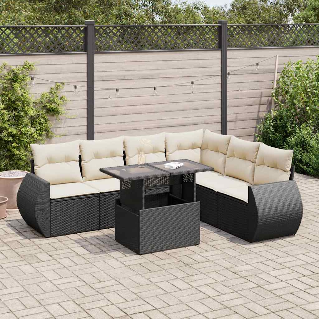 7 Piece Garden Sofa Set with Cushions Black Poly Rattan