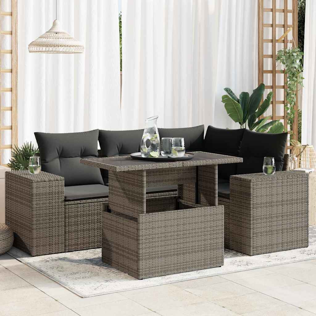 5 Piece Garden Sofa Set with Cushions Grey Poly Rattan