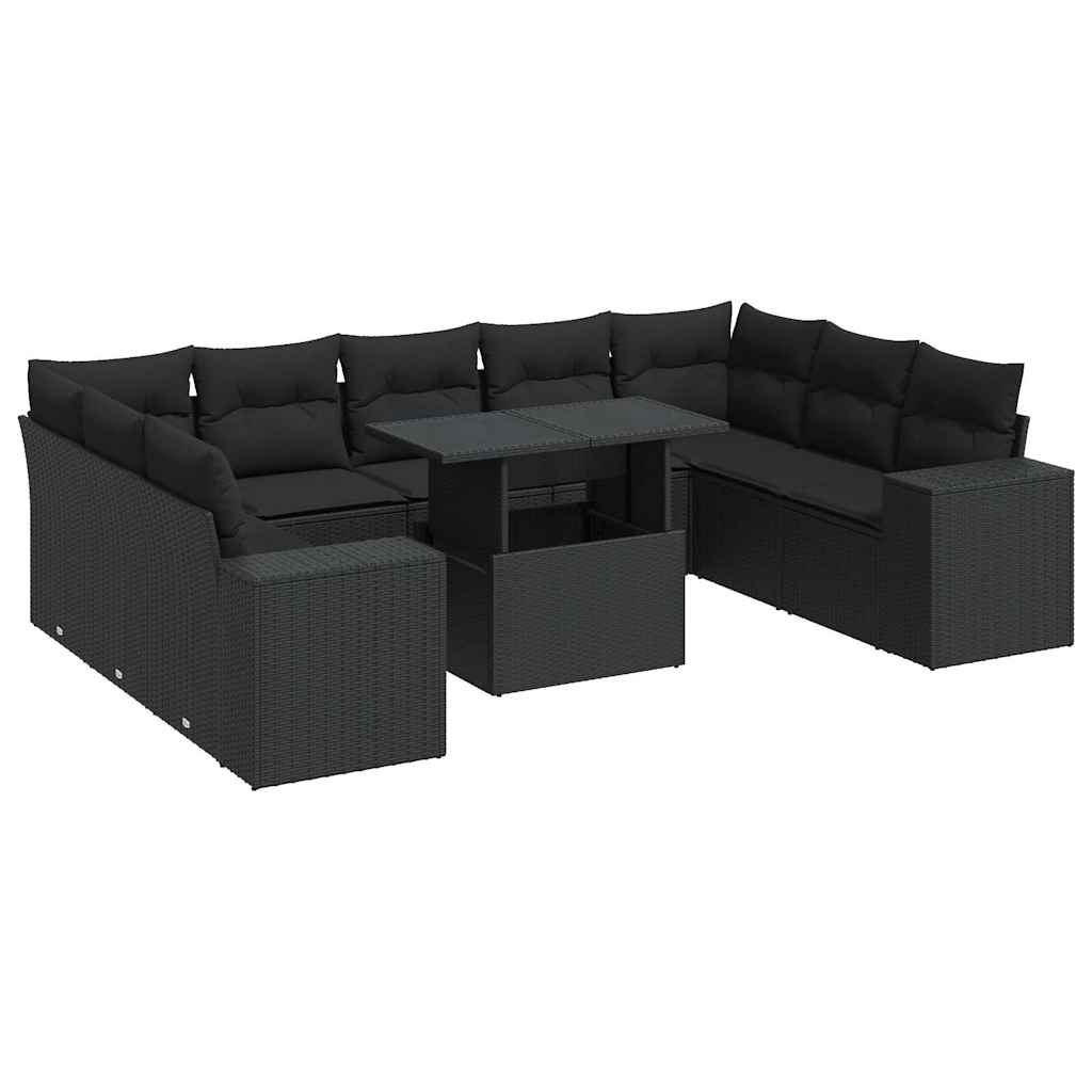 10 Piece Garden Sofa Set with Cushions Black Poly Rattan
