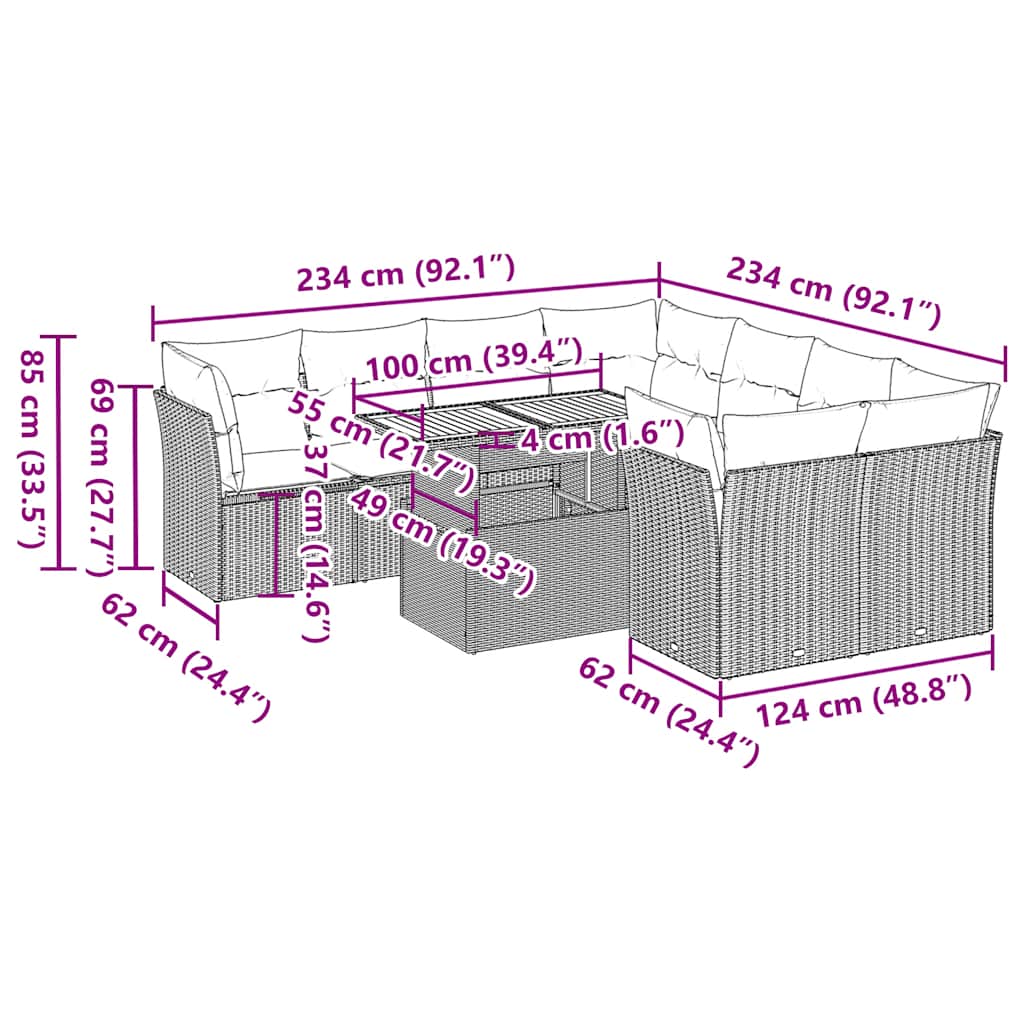 9 Piece Garden Sofa Set with Cushions Grey Poly Rattan