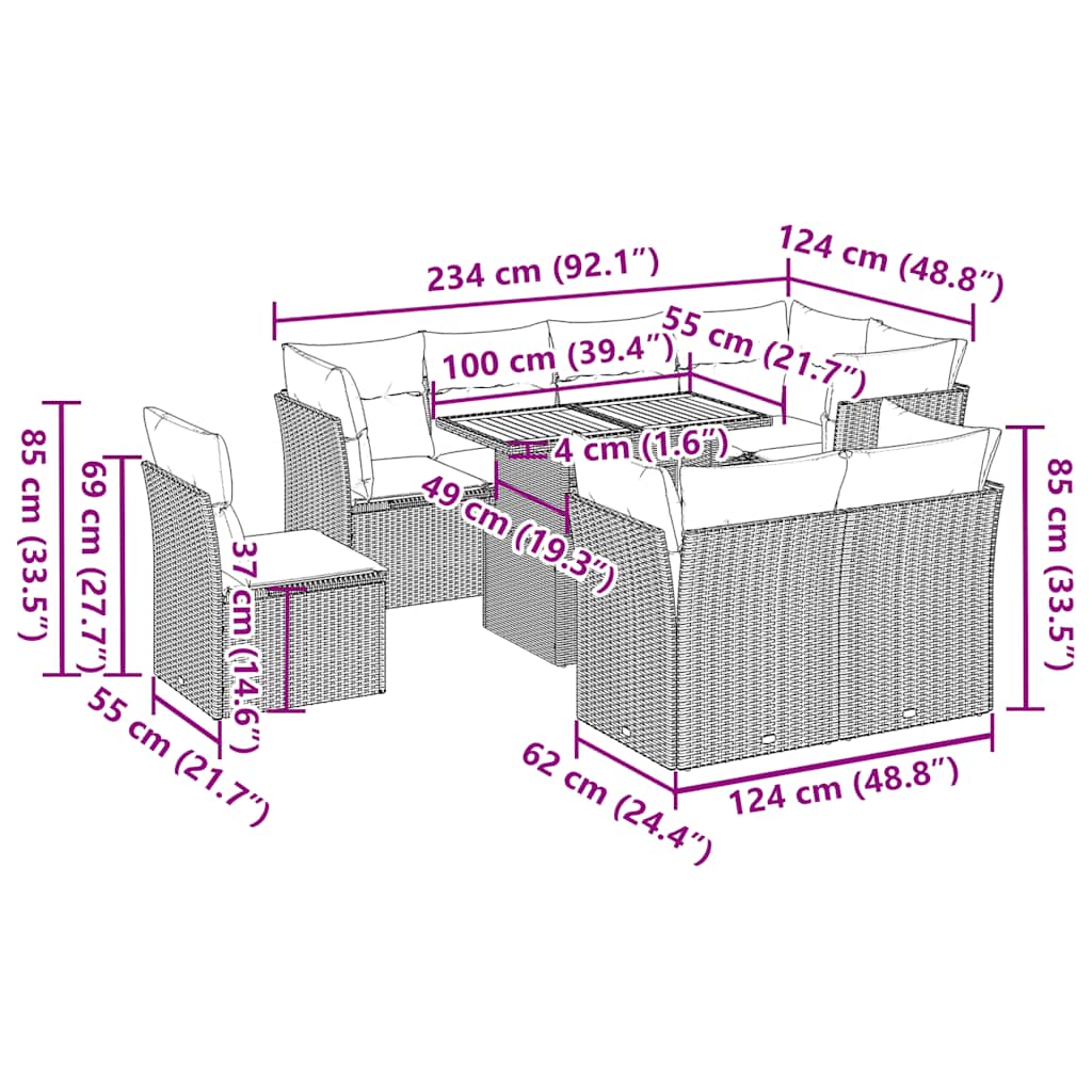 9 Piece Garden Sofa Set with Cushions Grey Poly Rattan