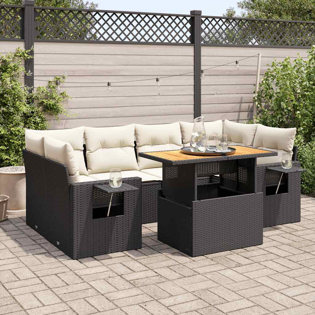 7 Piece Garden Sofa Set with Cushions Black Poly Rattan