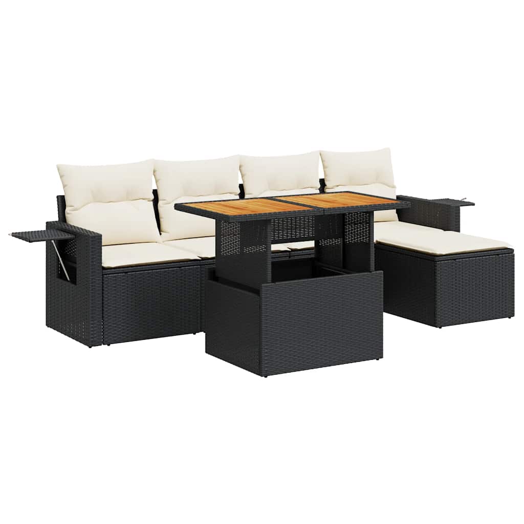 6 Piece Garden Sofa Set with Cushions Black Poly Rattan