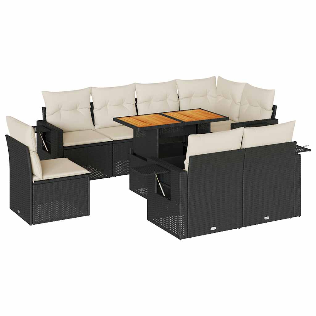 9 Piece Garden Sofa Set with Cushions Black Poly Rattan