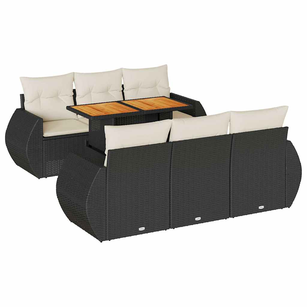 7 Piece Garden Sofa Set with Cushions Black Poly Rattan