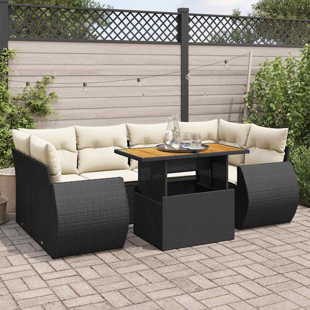 7 Piece Garden Sofa Set with Cushions Black Poly Rattan