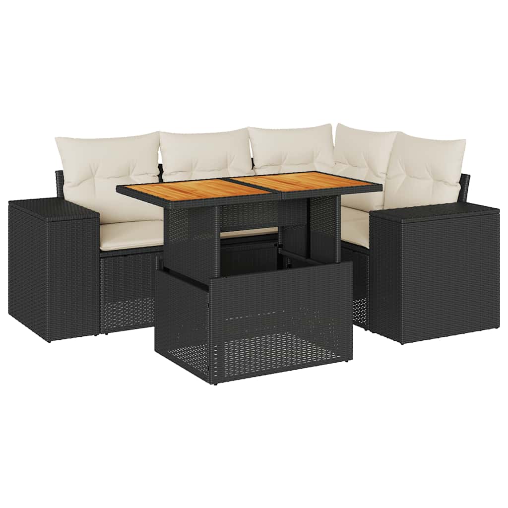 5 Piece Garden Sofa Set with Cushions Black Poly Rattan