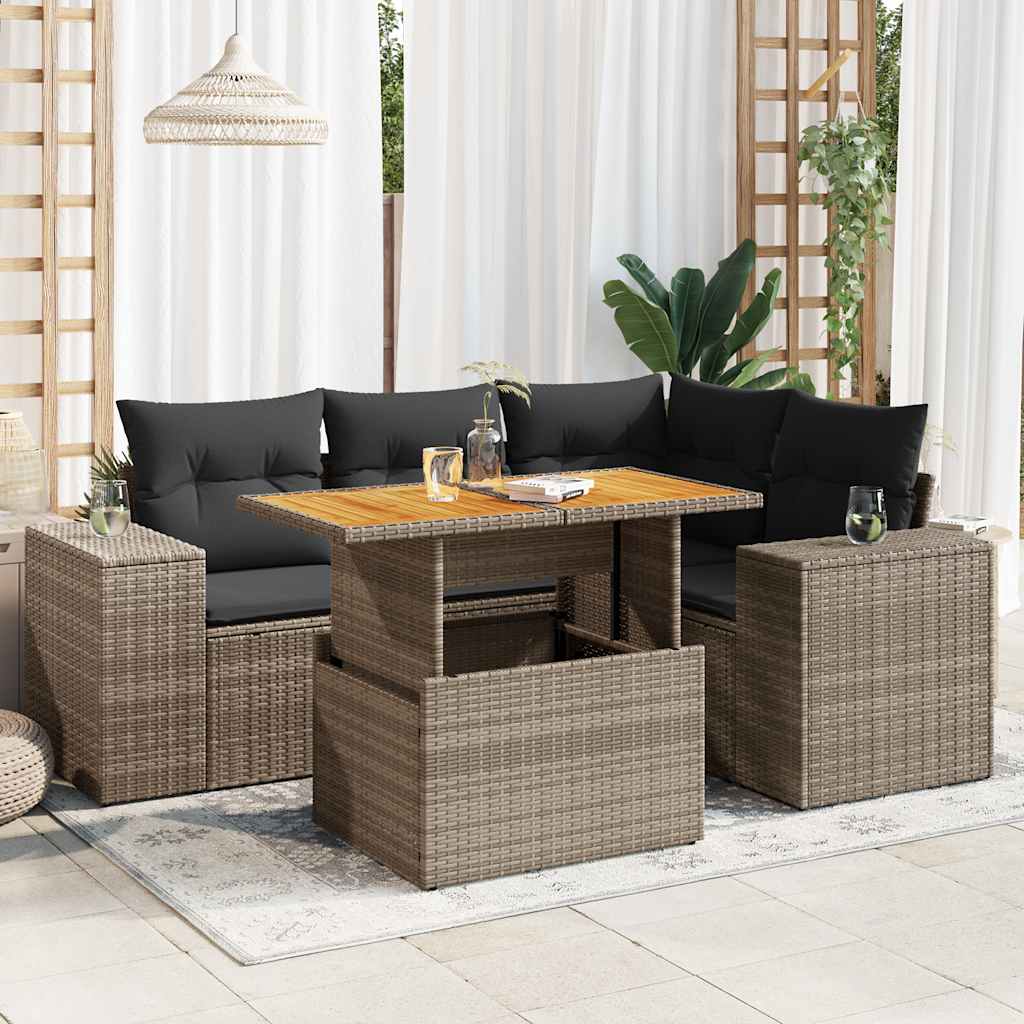 5 Piece Garden Sofa Set with Cushions Grey Poly Rattan