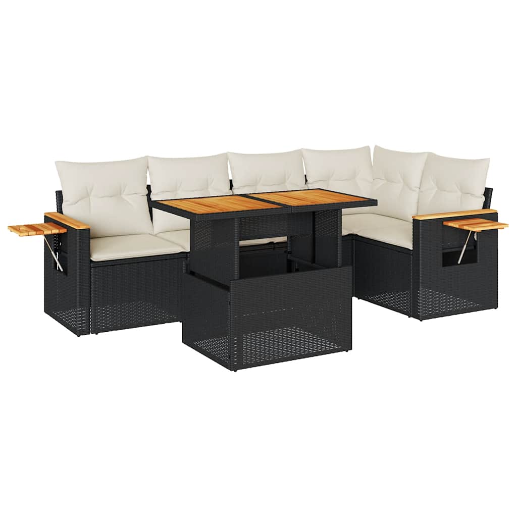 5 Piece Garden Sofa Set with Cushions Black Poly Rattan Acacia