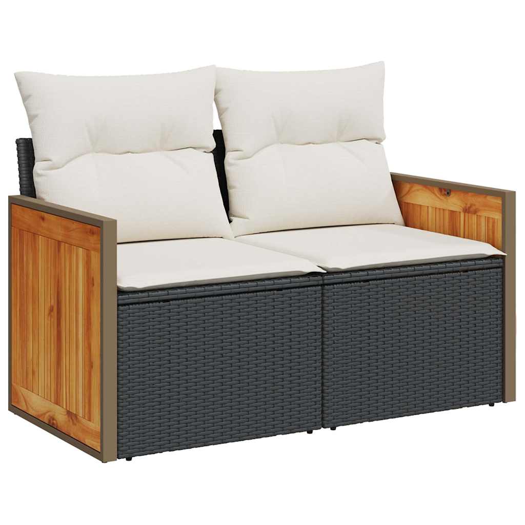 5 Piece Garden Sofa Set with Cushions Black Poly Rattan Acacia