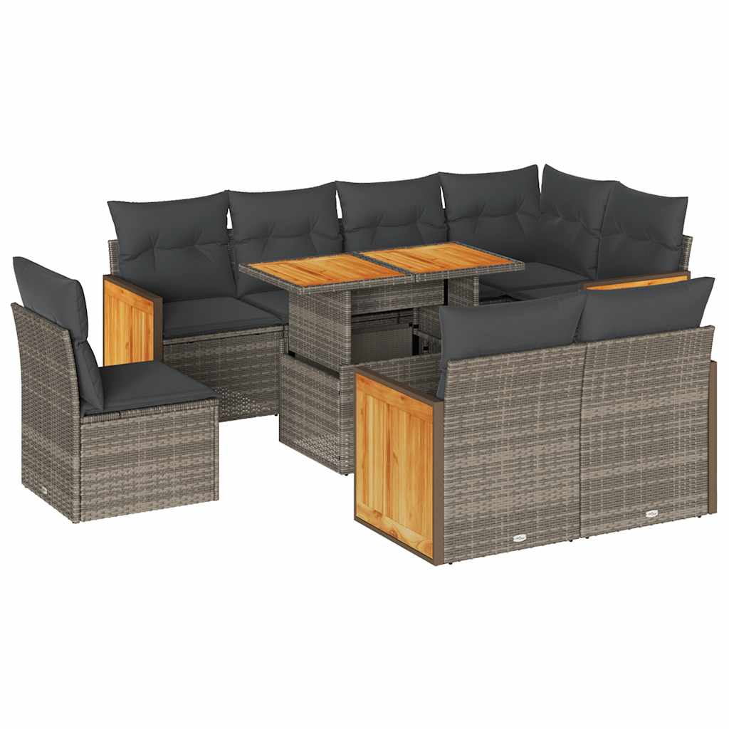 9 Piece Garden Sofa Set with Cushions Grey Poly Rattan Acacia