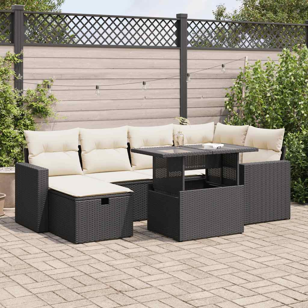 7 Piece Garden Sofa Set with Cushions Black Poly Rattan