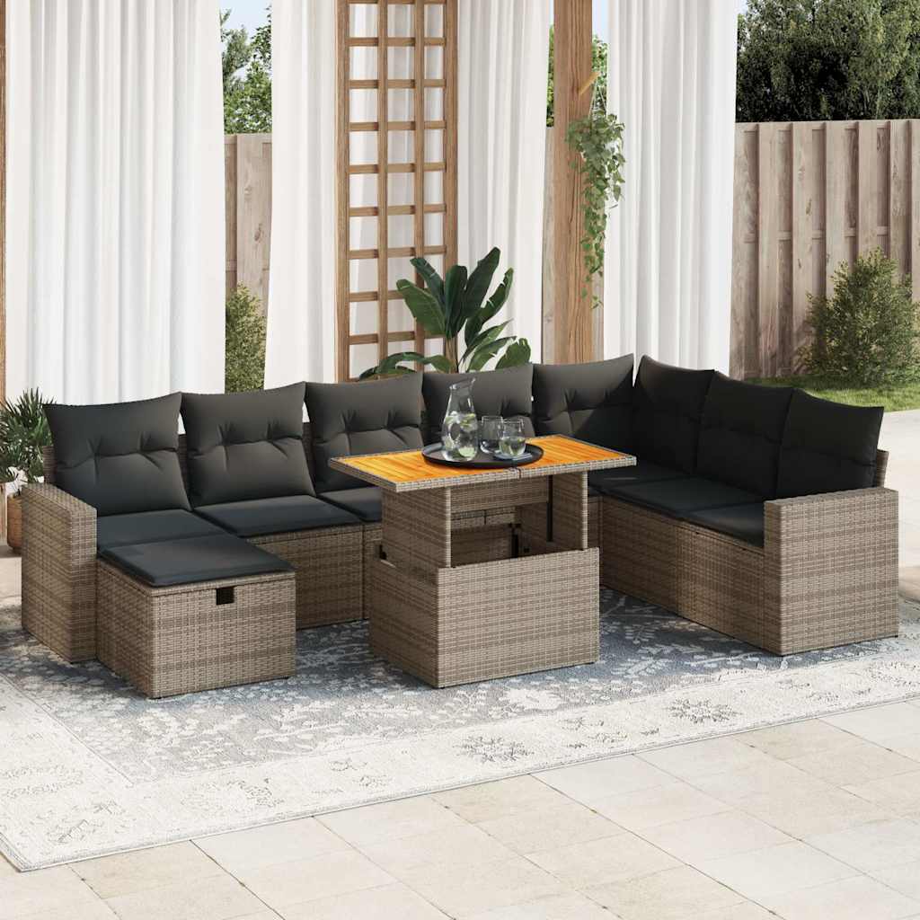 9 Piece Garden Sofa Set with Cushions Grey Poly Rattan Acacia