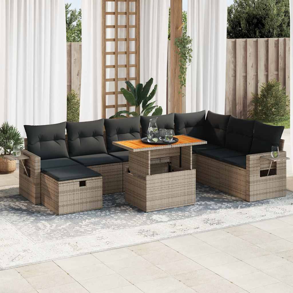 9 Piece Garden Sofa Set with Cushions Grey Poly Rattan Acacia
