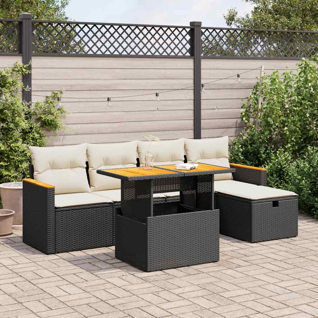 6 Piece Garden Sofa Set with Cushions Black Poly Rattan