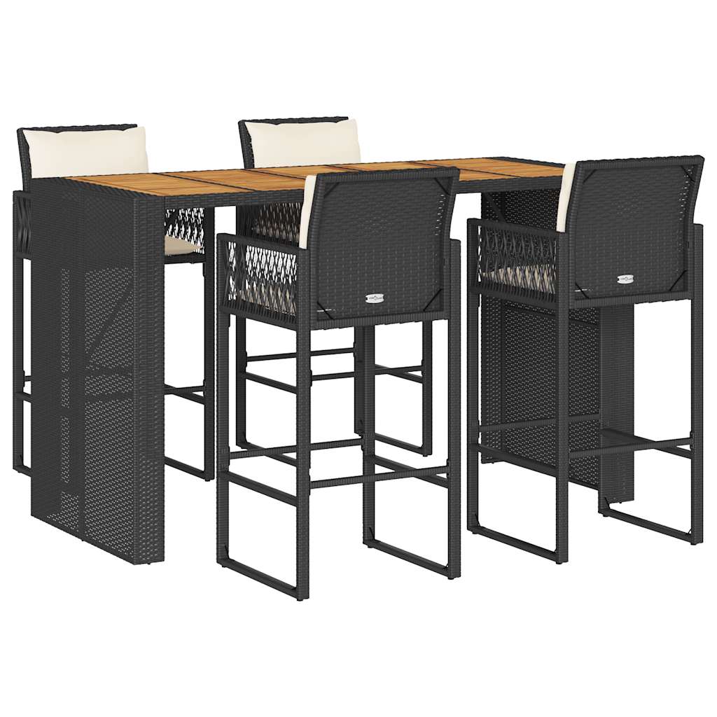 5 Piece Garden Bar Set with Cushions Black Poly Rattan Acacia