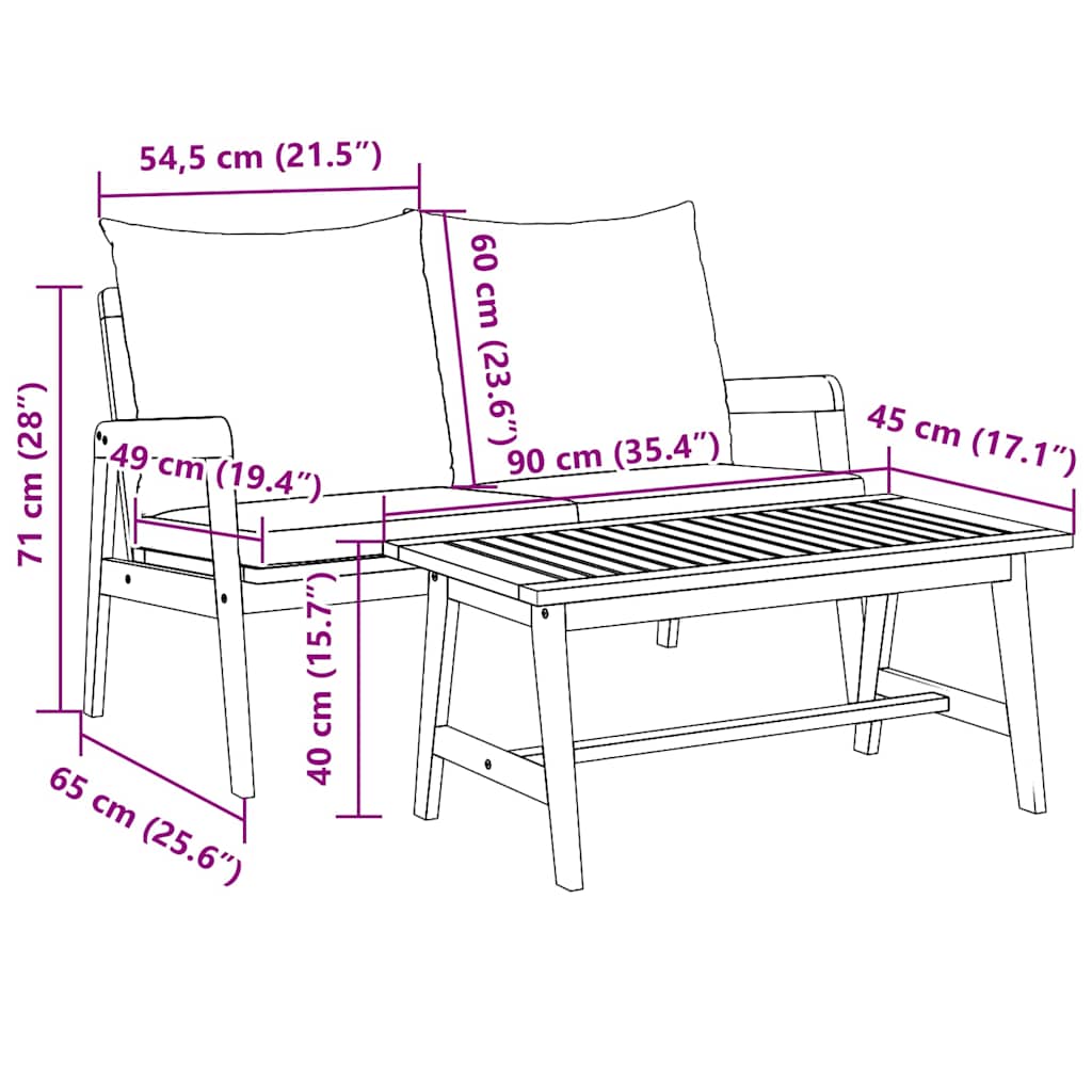 Bistro Set with Cushion 2 Piece Oil Natural Solid Acacia Wood