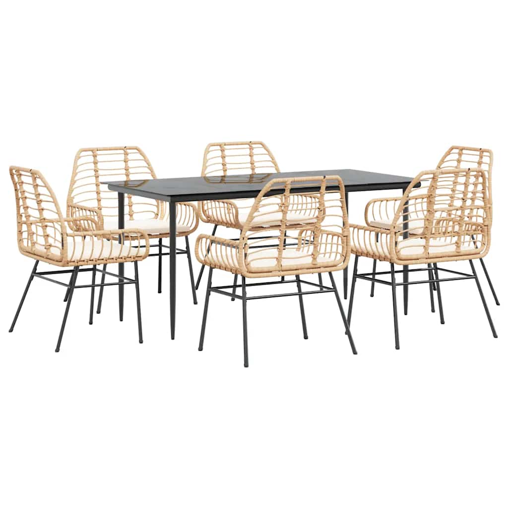 7 Piece Garden Dining Set with Cushions Brown Poly Rattan Glass