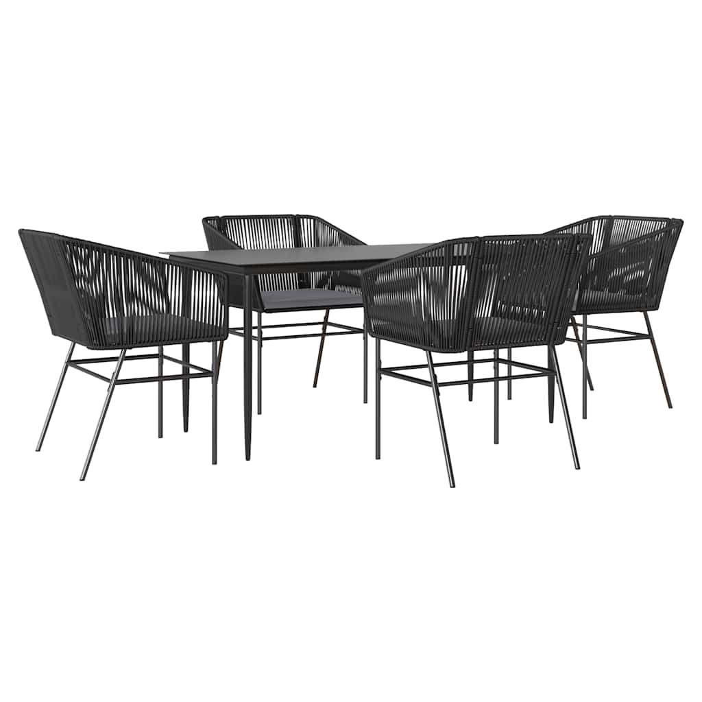 5 Piece Garden Dining Set with Cushions Black Poly Rattan Glass