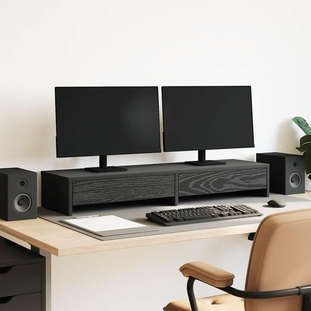 Monitor Stand with Drawers Black Oak 100x27x15cm Engineered Wood