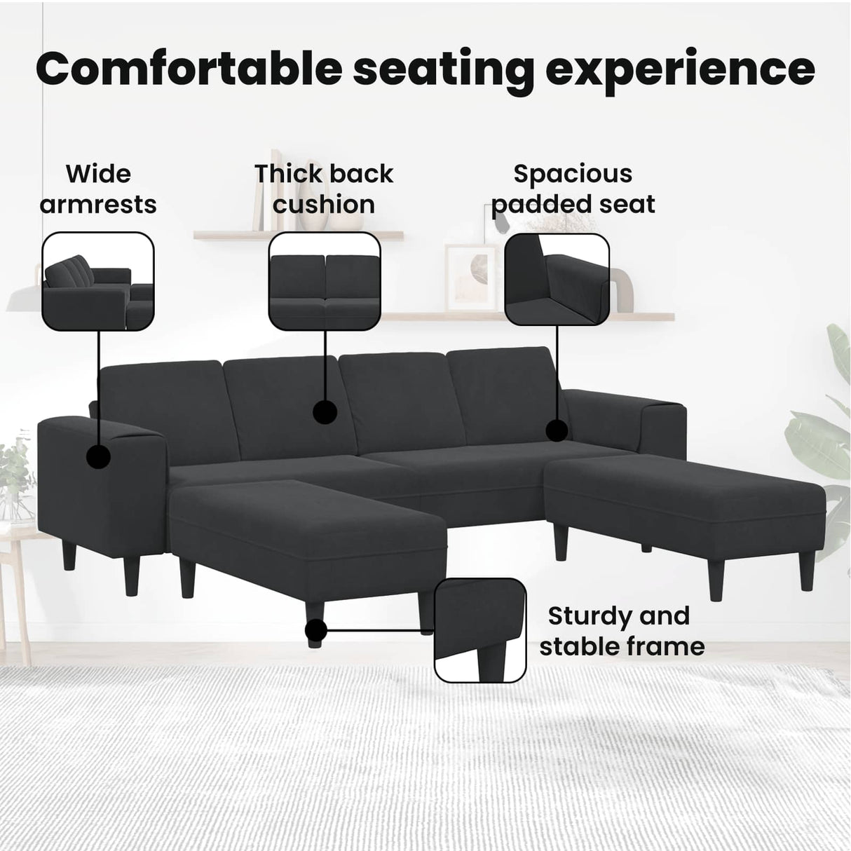 Living Room Couch 3 pcs Black 250 x 188 x 76 cm
