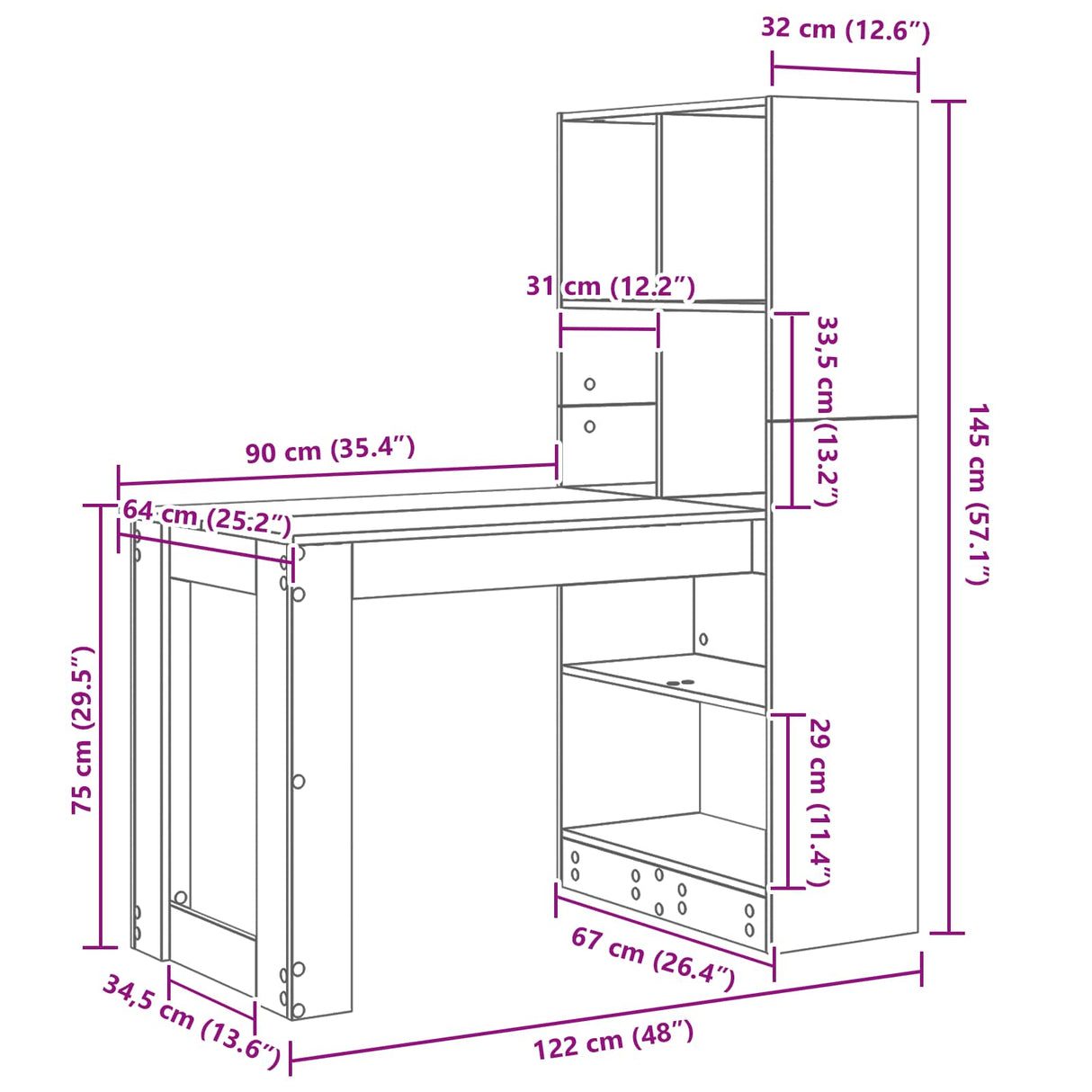 Desk White Engineered Wood 122 x 67 x 145 cm