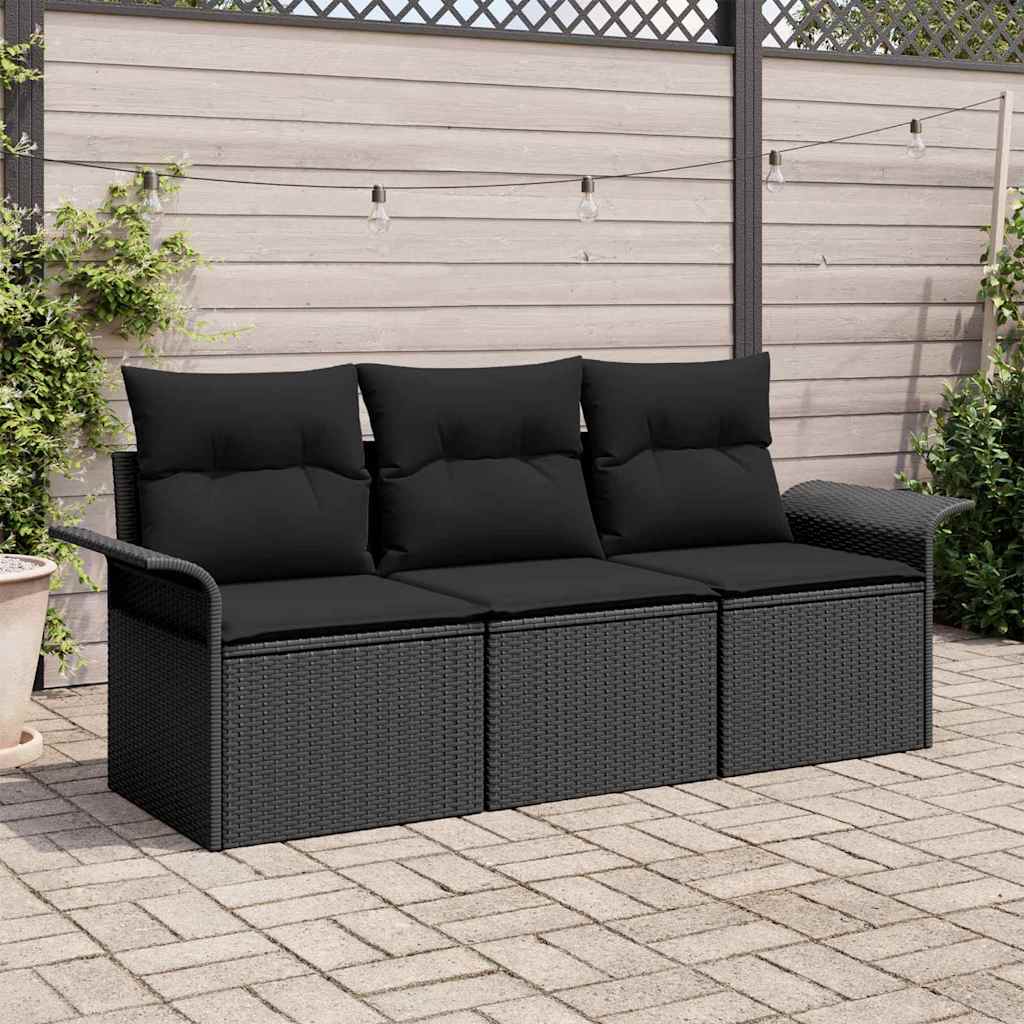 Sofa Set with Cushion 3 pcs Black Poly Rattan