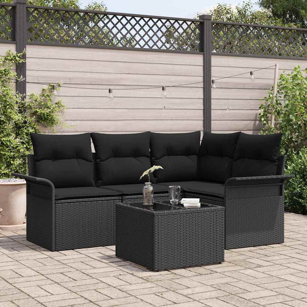 Garden Sofa Set with Cushion 5 pcs Black Poly Rattan