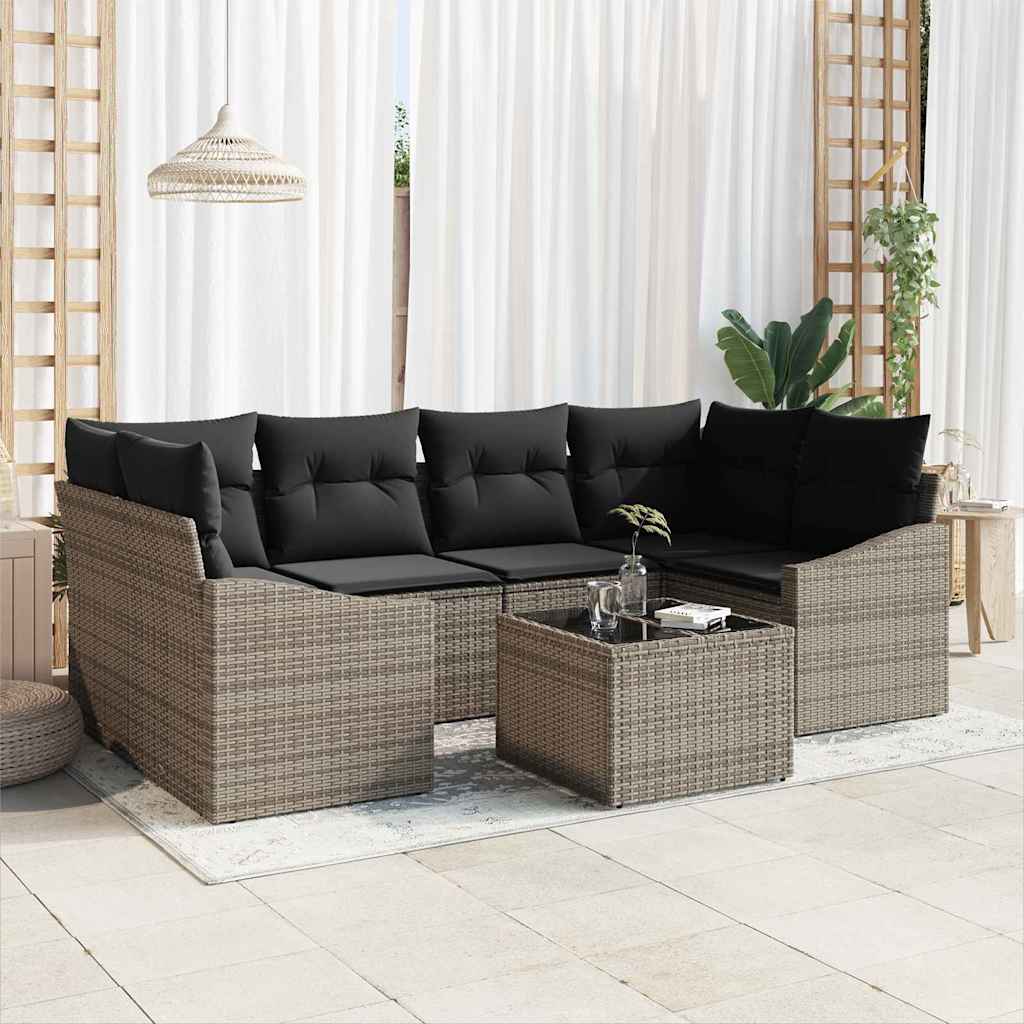 Sofa Set with Cushion with Pillow 7 pcs Grey Poly Rattan