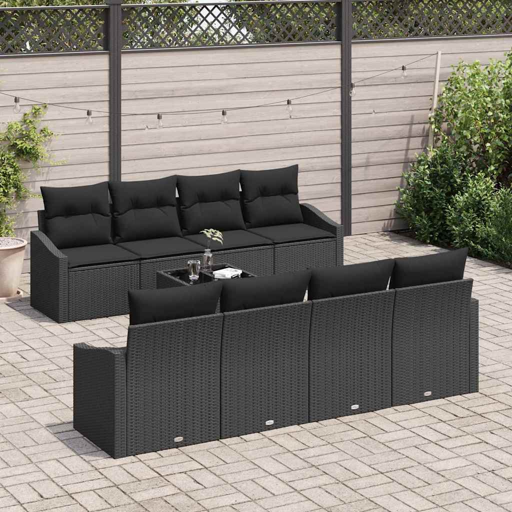 Sofa Set with Cushion Manual 9 pcs Black Poly Rattan