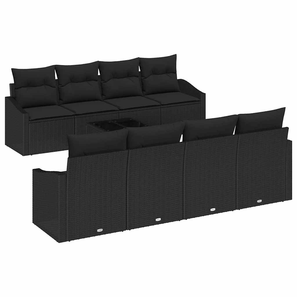 Sofa Set with Cushion Manual 9 pcs Black Poly Rattan