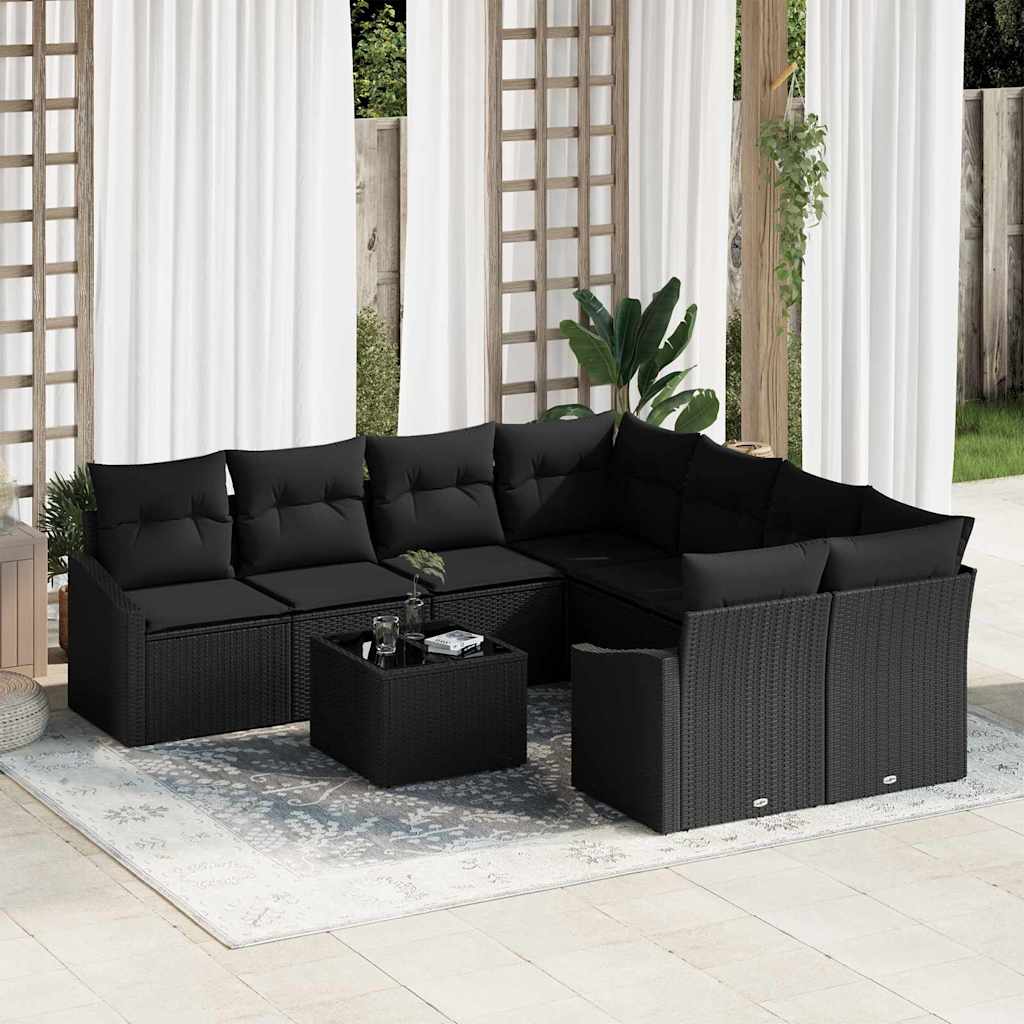 Sofa Set with Cushion Manual 9 pcs Black Poly Rattan