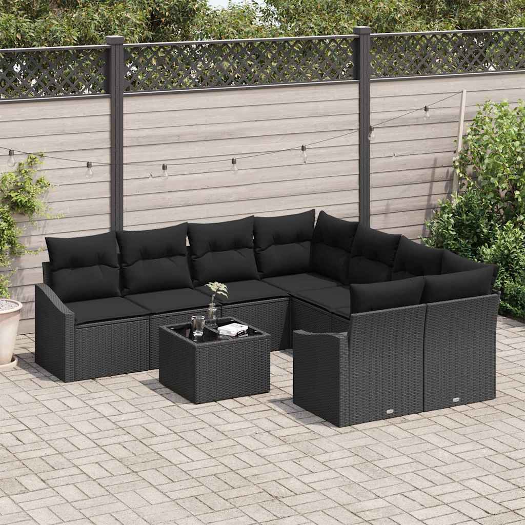 Sofa Set with Cushion Manual 9 pcs Black Poly Rattan