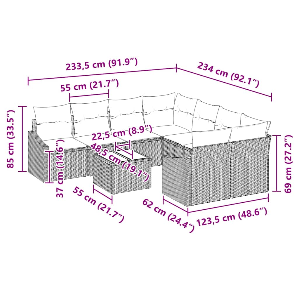 Sofa Set with Cushion Manual 9 pcs Black Poly Rattan