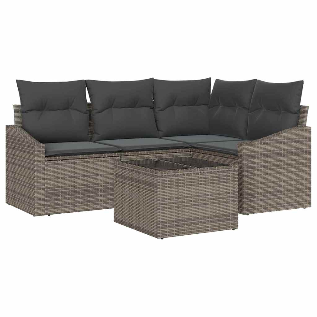 Sofa Set with Cushion 5 pcs Grey Poly Rattan