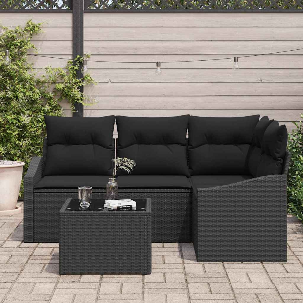 Sofa Set with Cushion 5 pcs Black Poly Rattan