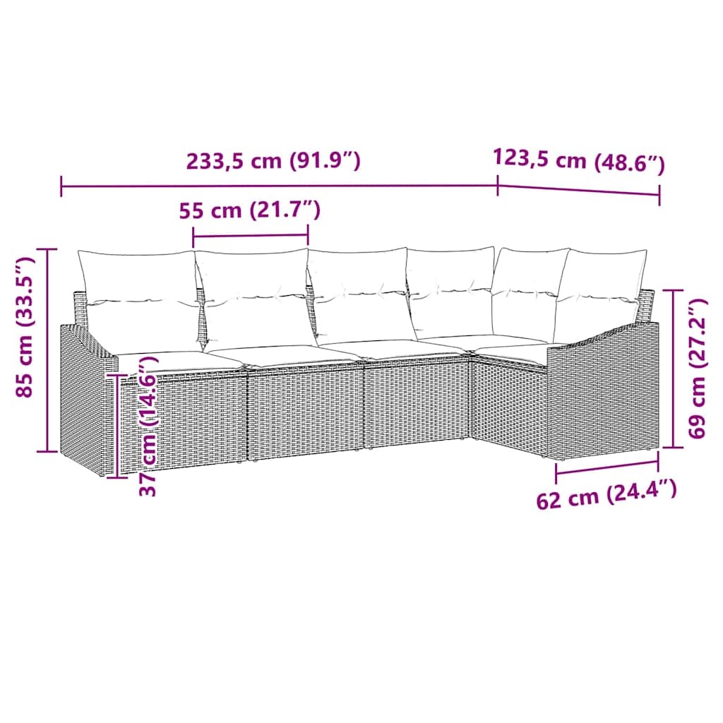 Sofa Set with Cushion 5 pcs Black Poly Rattan