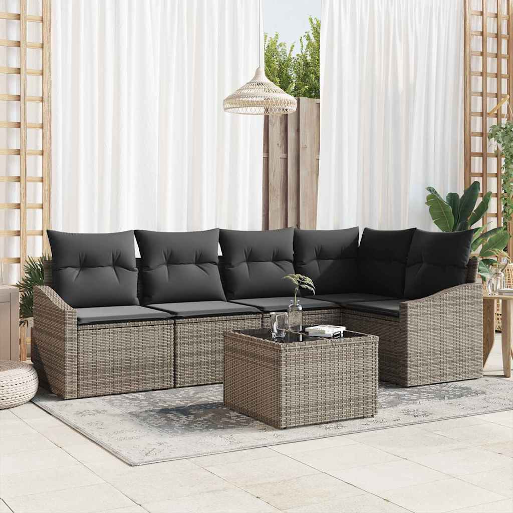 Sofa Set with Cushion 6 pcs Grey Poly Rattan