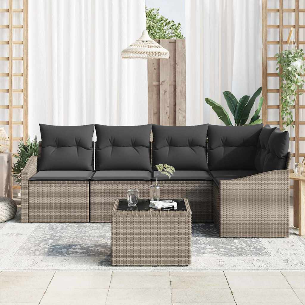 Sofa Set with Cushion 6 pcs Grey Poly Rattan