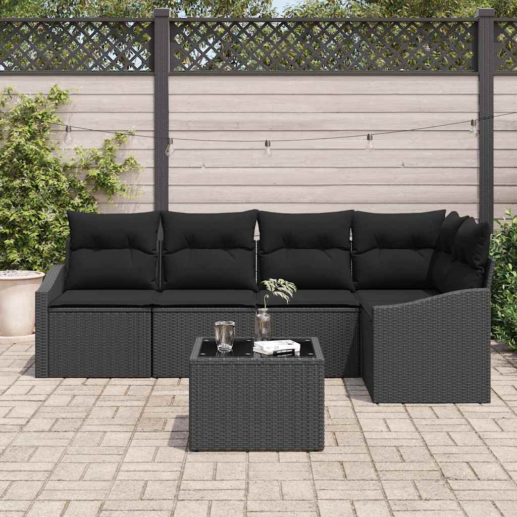 Sofa Set with Cushion 6 pcs Black Poly Rattan