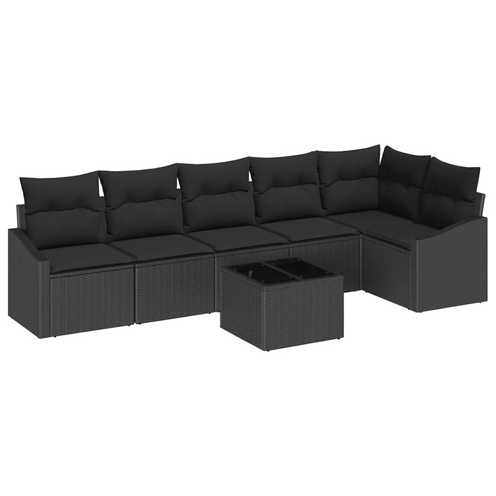 Sofa Set with Cushion 7 pcs Black Poly Rattan