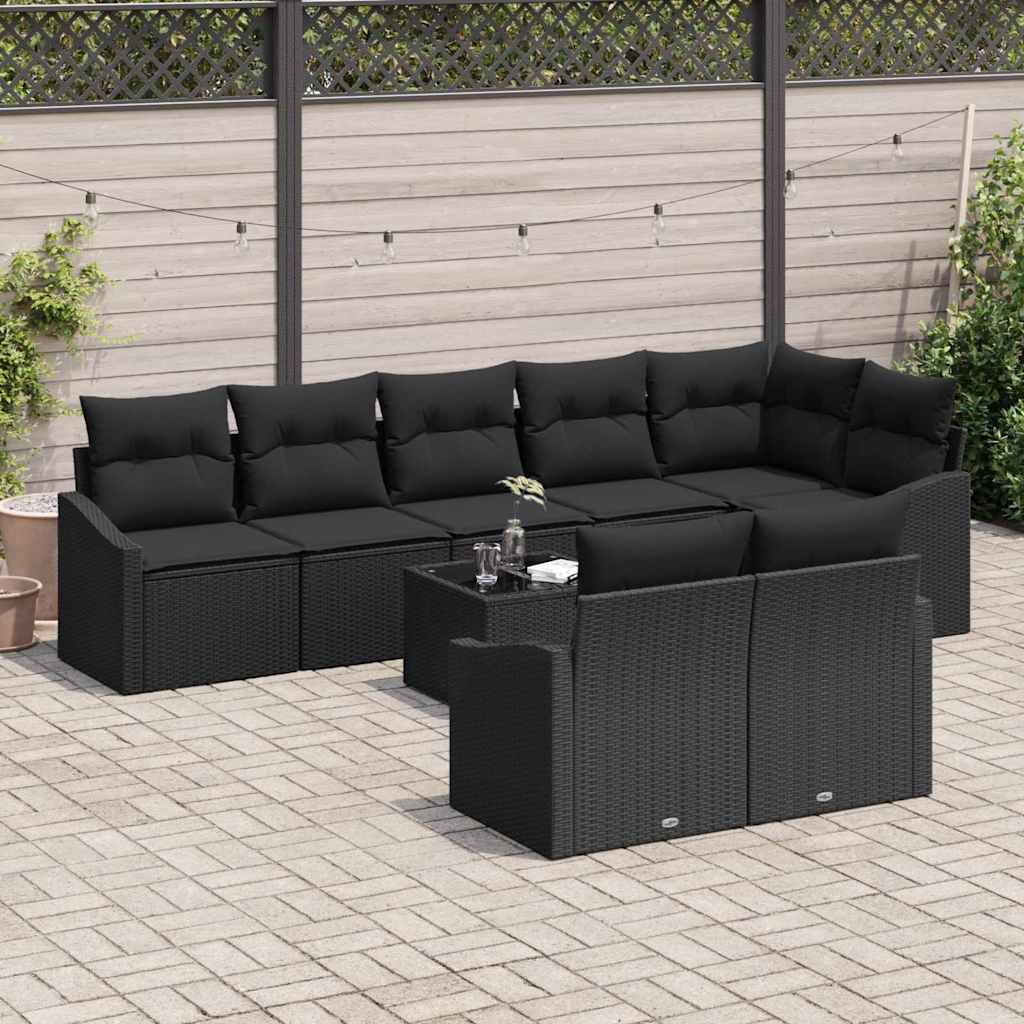 Sofa Set with Cushion 9 pcs Black Poly Rattan