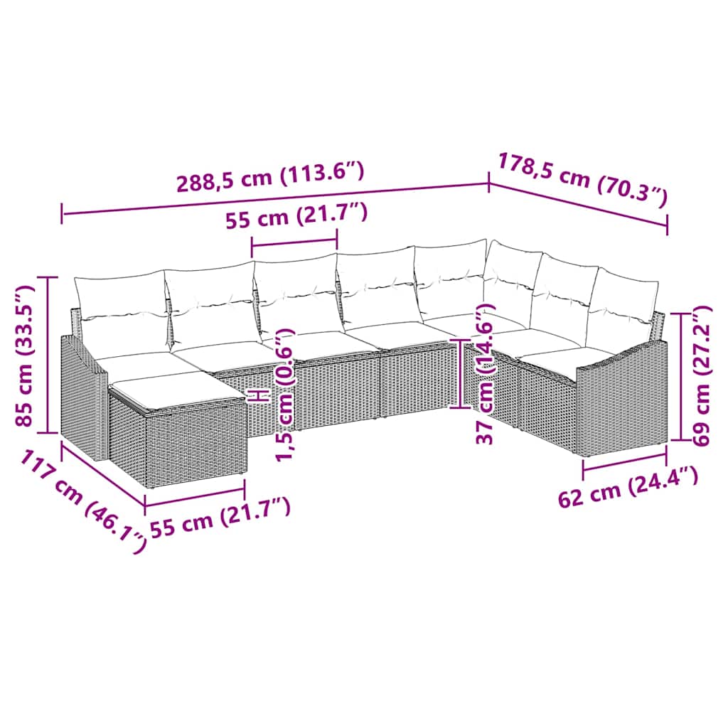 Sofa Set with Cushion 8 pcs Black Poly Rattan